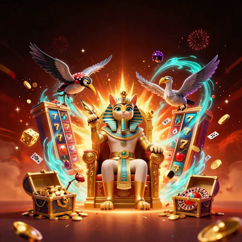 Pharaoh cat on golden throne with ibis scribe, glowing slot burst, coins, dice, scarabs, fireworks