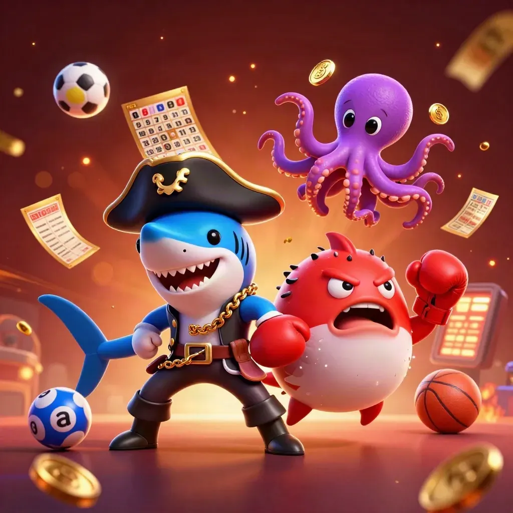 Pirate shark, pufferfish, and octopus amid casino props and flying coins