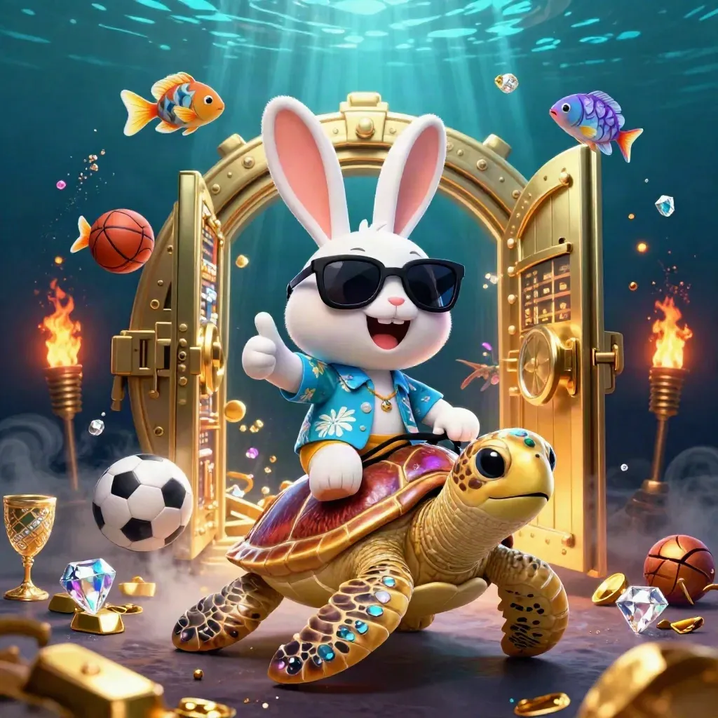 Lucky rabbit on a gem turtle amid treasure, fish, soccer ball and basketball in underwater casino glow.