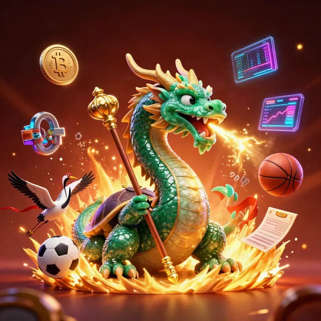 Dragon, turtle sage, and cranes amid casino coins, balls, fire, and neon energy.