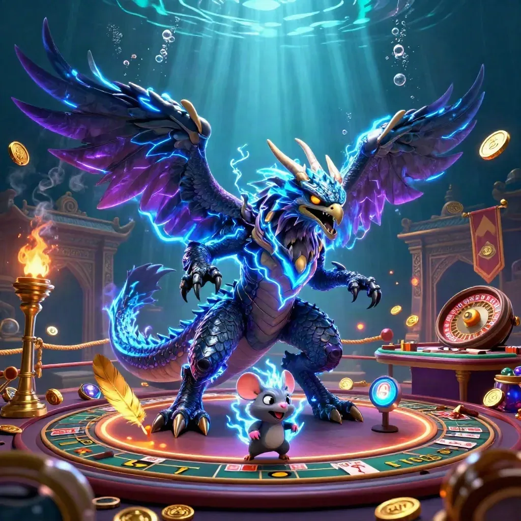 Thunder dragon, wind hawk, and static mouse amid casino luxury, rings, banners, coins, and underwater neon glow.