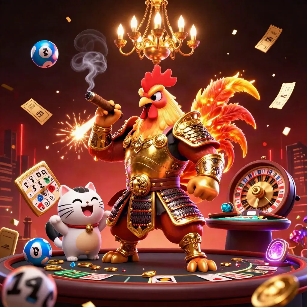 Rooster warrior, dragon hatchling, and fortune cat amid casino props and neon sparks.