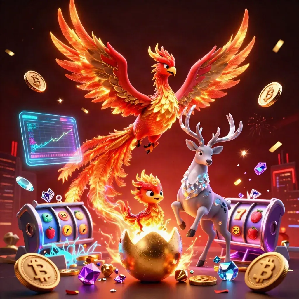 Phoenix, hatching baby phoenix, and crystal stag burst amid coins, gems, and neon casino effects.