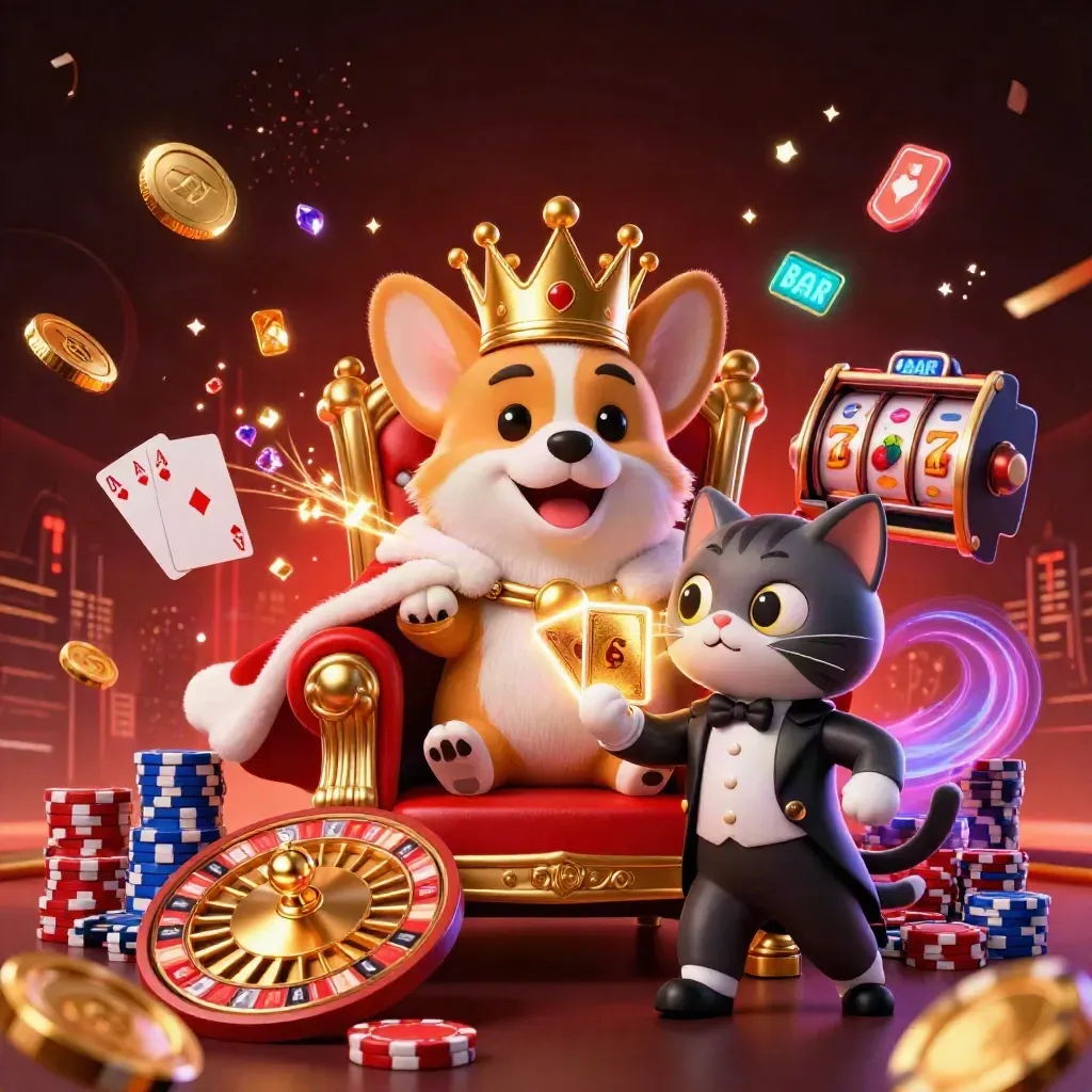 Crowned corgi and cat butler amid chips, coins, gems, roulette wheel and neon cyan casino glow.