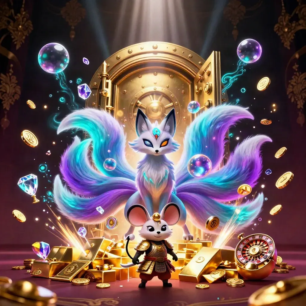 Nine-tailed fox spirit and armored mouse amid bursting vault, coins, gems, and neon casino lights.