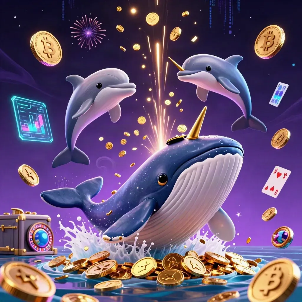 Whale captain, narwhal, and dolphins burst through coins with neon casino effects