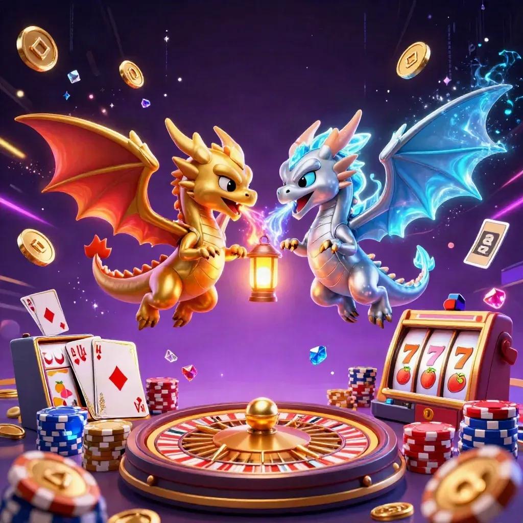 Gold and silver dragons form a yin-yang amid casino effects and neon energy.