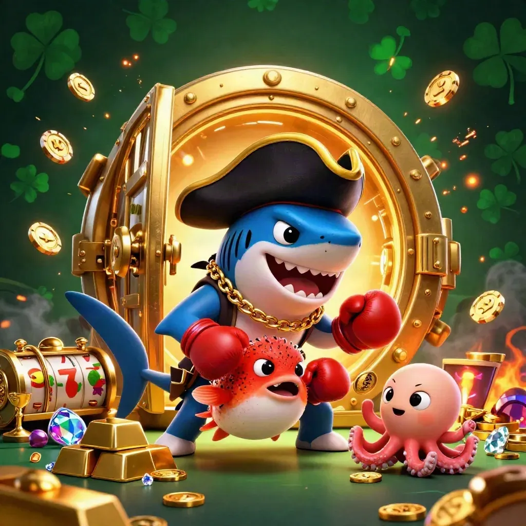 Pirate shark, boxing pufferfish, and juggling octopus burst from a treasure vault in neon casino light.