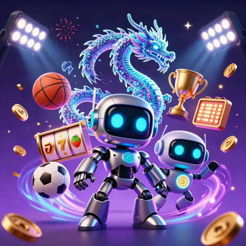 Cyberpunk robot, holographic dragon, and coin drone amid casino effects and sports balls.