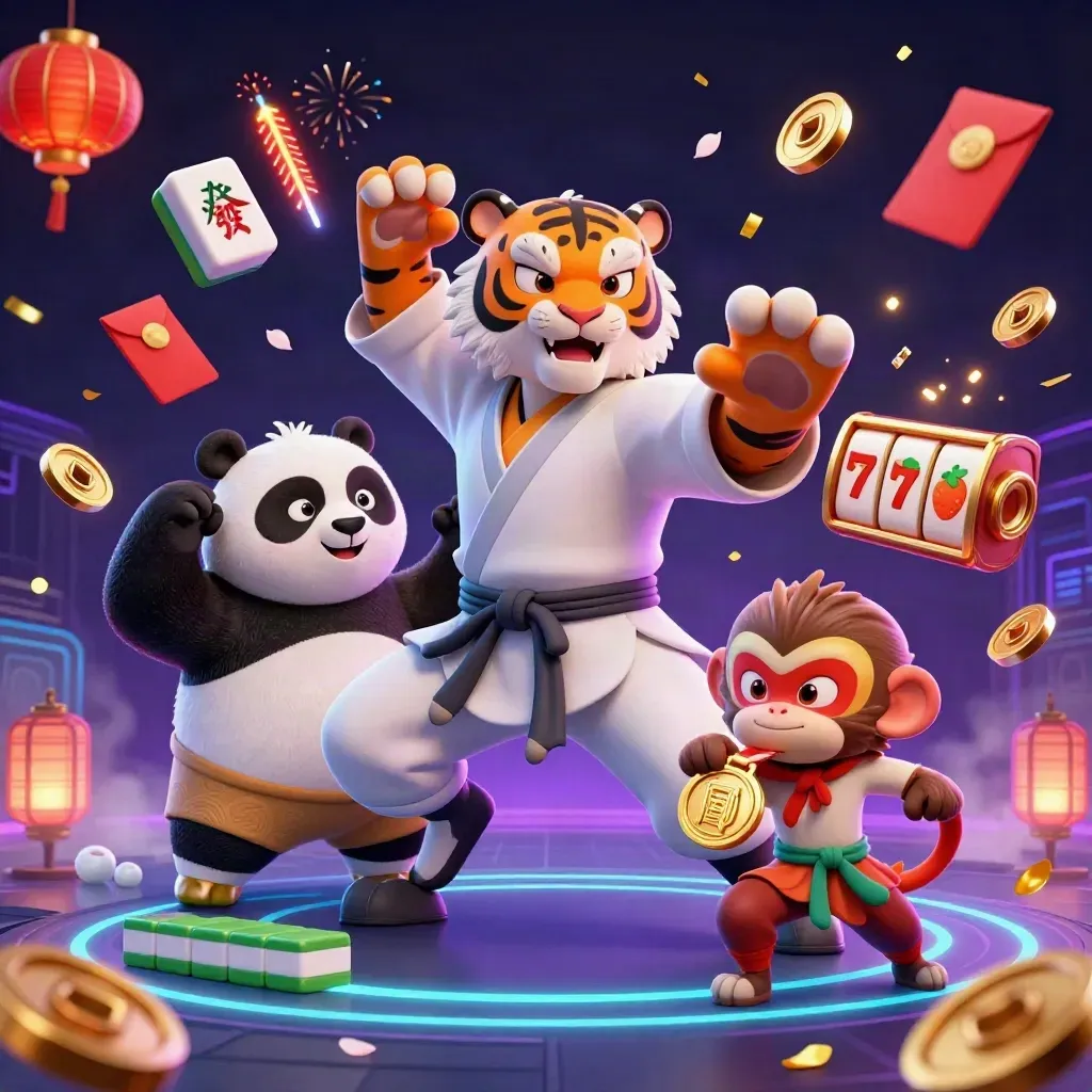 Kung-fu tiger, panda, and monkey amid neon casino symbols in a dark futuristic scene.